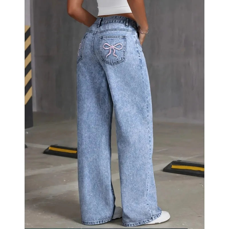 Denim Wide Leg Jeans High waisted Bow Embroidered Pocket Wide Leg Jeans Fashionable Women's Trousers Casual Style