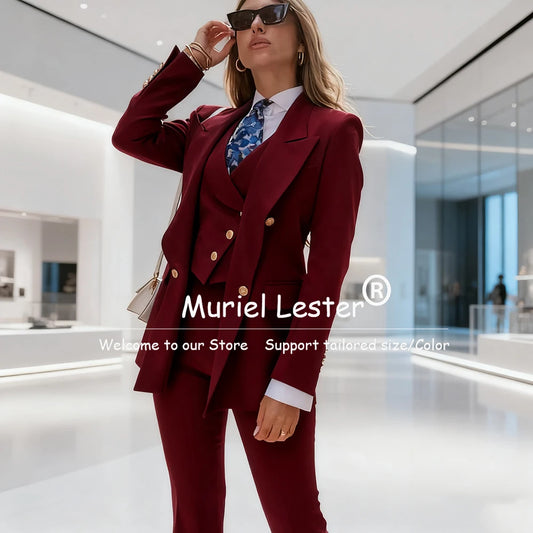 Elegant Blue Women's Suits Double Breasted 3 Piece Sets Jacket Pants Vest Female Clothing Slim Fit Smart Office Lady Blazer