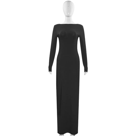 Sexy European And American Girl Pure Color Slim Fit Long Sleeve Backless Dress Spring 2025 New Arrival Elegant Evening Gown