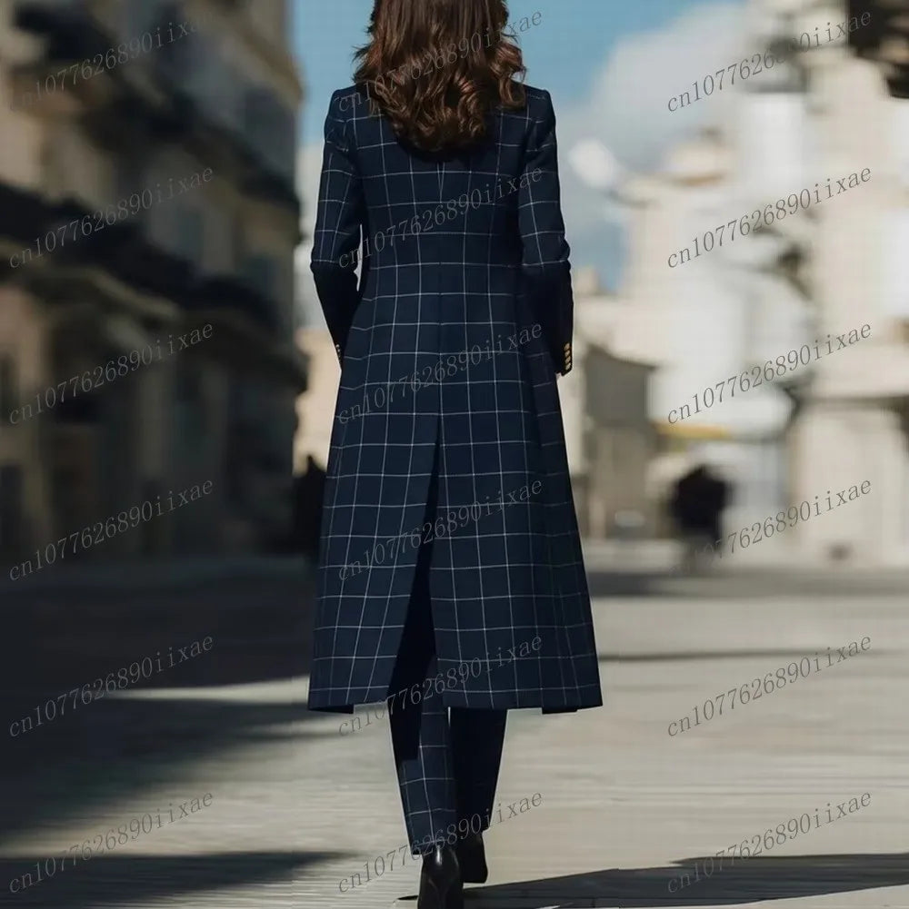 New Navy Blue Grid Women Suits Lady Business Office Tuxedos Mother Wedding Party Formal Ladies 3 Piece Set Jacket Vest Pants