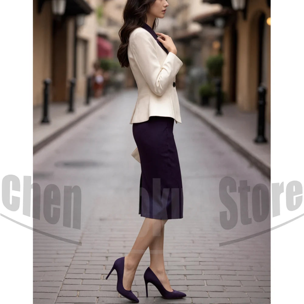 Fashion Women's Suit Set Notch Lapel One Button Blazer with Skirt Formal Office Business Casual Party Outfit for Ladies 2 Piece