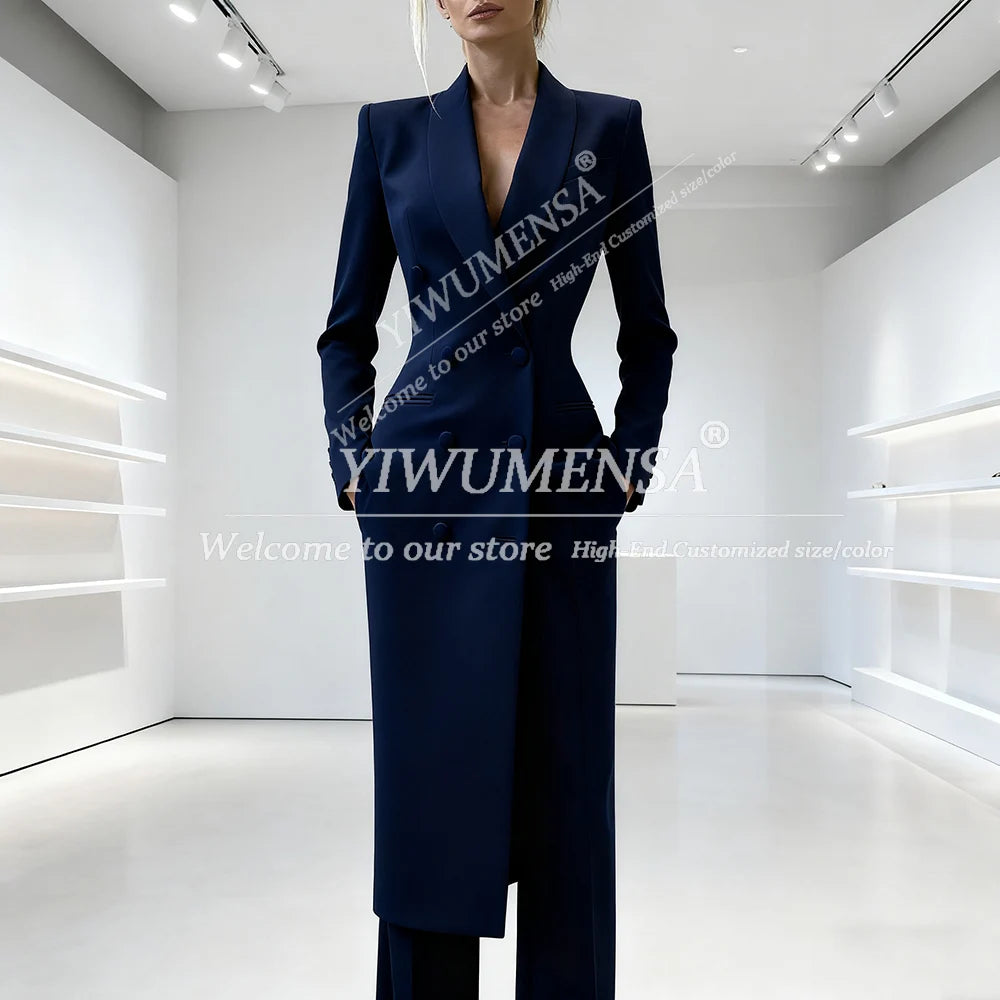 Elegant Solid Women's Suits 2 Piece Double Breasted Peak Lapel Jacket Pants Sets Fashion Prom Blazer Long Customized Lady Attire