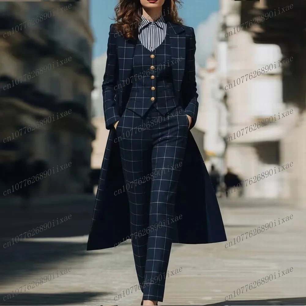 New Navy Blue Grid Women Suits Lady Business Office Tuxedos Mother Wedding Party Formal Ladies 3 Piece Set Jacket Vest Pants