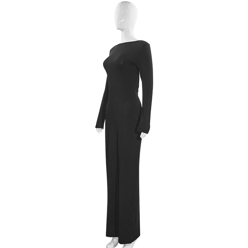 Sexy European And American Girl Pure Color Slim Fit Long Sleeve Backless Dress Spring 2025 New Arrival Elegant Evening Gown