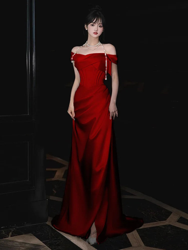 New One Shoulder Toasting Bridal Light Wedding Dress Fashion Engagement White Outward Yarn Luxury Banquet Style Evening Dress