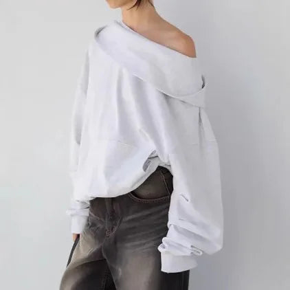 Off-The-Shoulder Hoodie 2025 Autumn Winter Solid Color Hooded Sweatshirt for Women Loose Comfortable Laid-back Streetwear Style