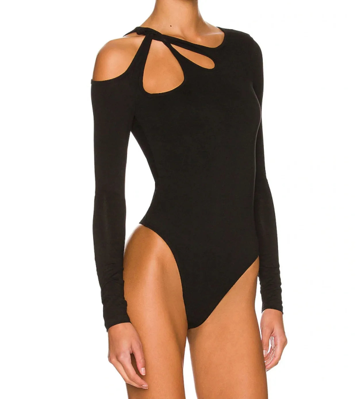 New Fashion Womens Black Bodysuit Stylish Solid Color Slim Fit Cut Out Long Sleeve Romper For Spring Summer S-XL