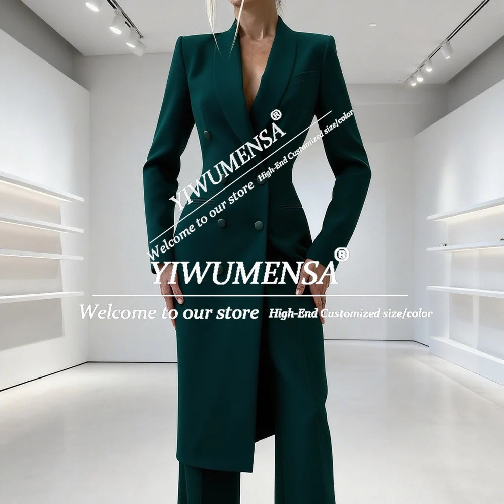 Elegant Solid Women's Suits 2 Piece Double Breasted Peak Lapel Jacket Pants Sets Fashion Prom Blazer Long Customized Lady Attire