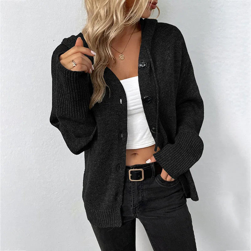 Women New Solid Hooded Sweatshirt Long Sleeve Knitted Cardigan Coat 2025 Autumn Winter Casual V-neck Buttons Loose Hooded Coat