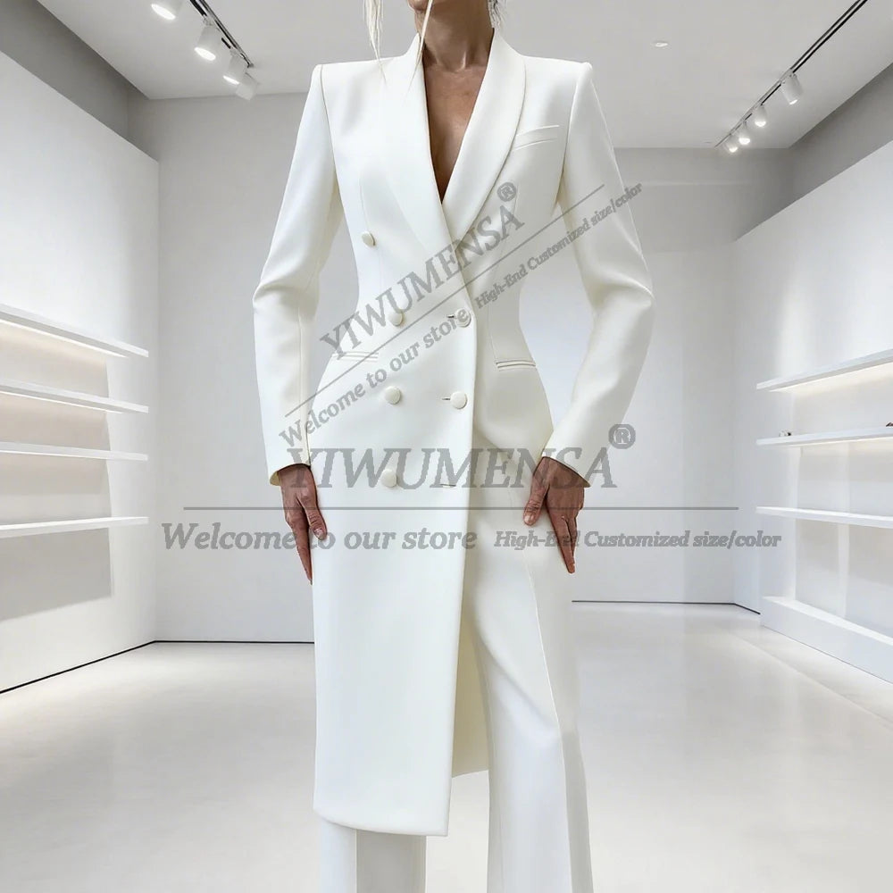 Elegant Solid Women's Suits 2 Piece Double Breasted Peak Lapel Jacket Pants Sets Fashion Prom Blazer Long Customized Lady Attire