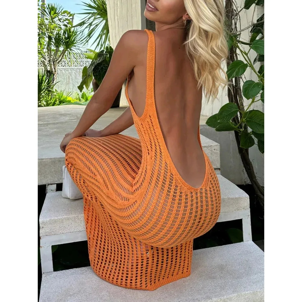 Sexy U Hollow Backless Slim Sleeveless Maxi Dress Hot Woman's See-through Wrap Hip Beach Evening Dress Solid Vacation Robe Dress
