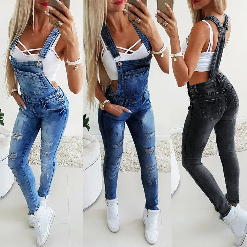 Fashion Womens Denim Overalls Jumpsuits and Rompers Skinny Slim Jeans Long Jumpsuit Ripped Hole Pencil Pants Overalls