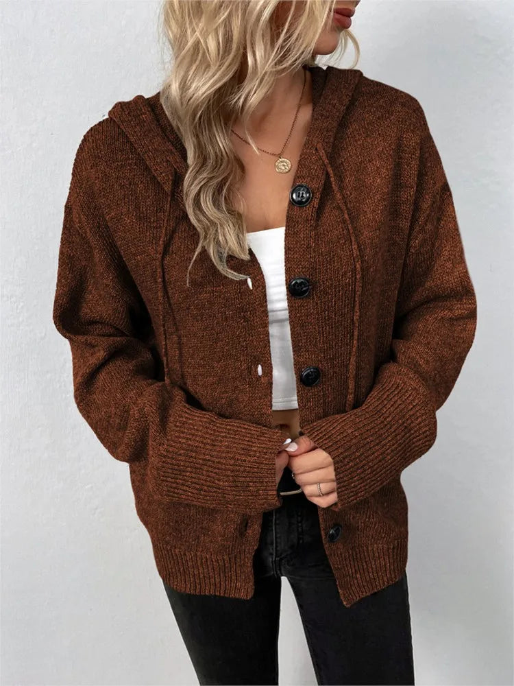 Women New Solid Hooded Sweatshirt Long Sleeve Knitted Cardigan Coat 2025 Autumn Winter Casual V-neck Buttons Loose Hooded Coat