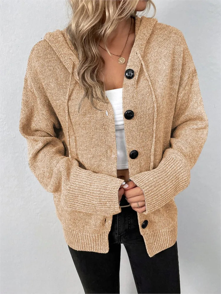 Women New Solid Hooded Sweatshirt Long Sleeve Knitted Cardigan Coat 2025 Autumn Winter Casual V-neck Buttons Loose Hooded Coat
