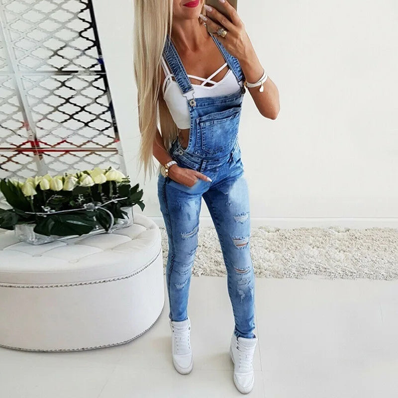Fashion Womens Denim Overalls Jumpsuits and Rompers Skinny Slim Jeans Long Jumpsuit Ripped Hole Pencil Pants Overalls
