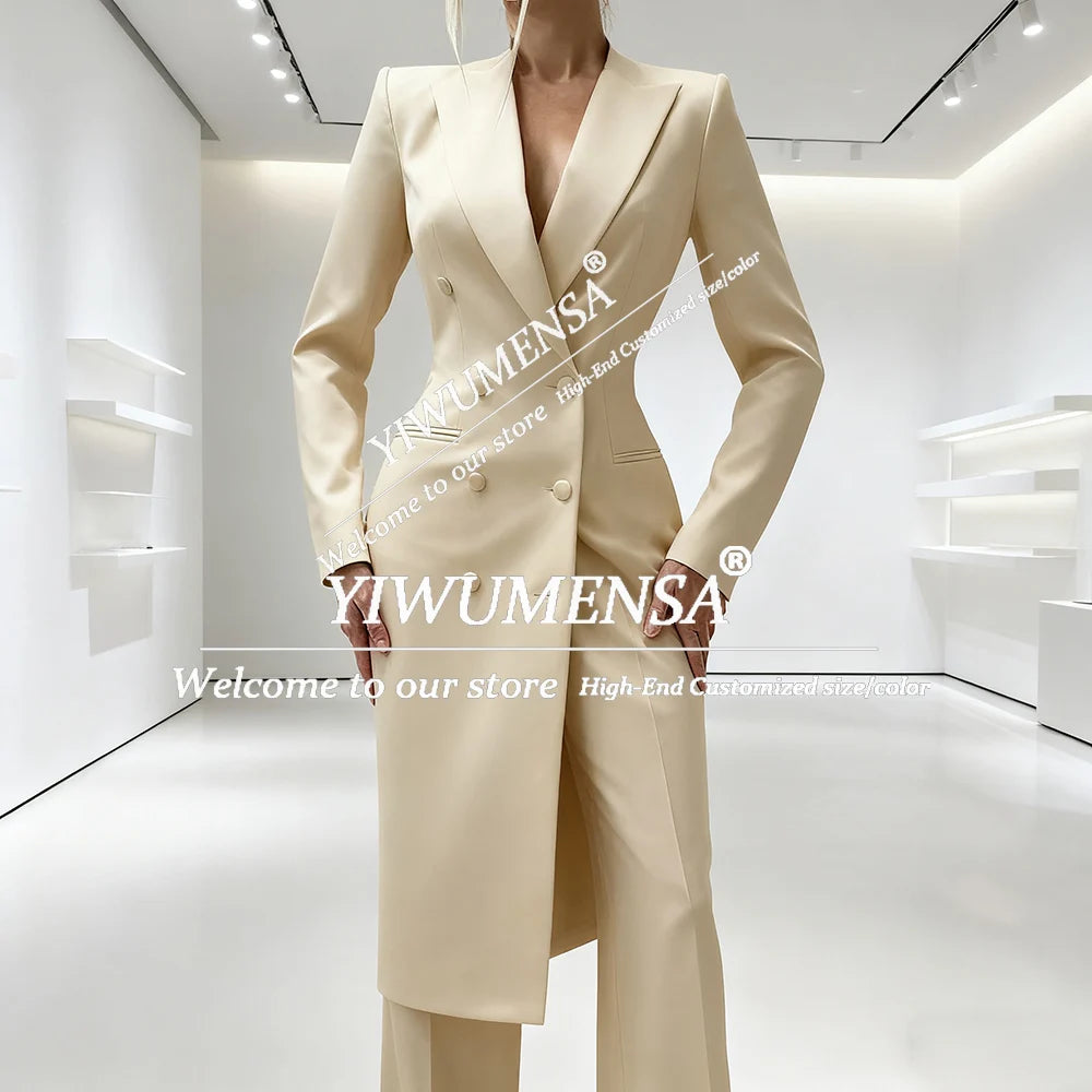 Elegant Solid Women's Suits 2 Piece Double Breasted Peak Lapel Jacket Pants Sets Fashion Prom Blazer Long Customized Lady Attire