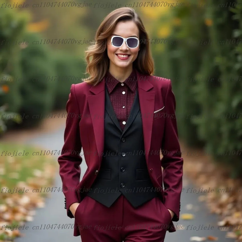 Burgundy And Black Formal Business Women Suit Wedding Party Prom Ladies Mother Girl Tuxedos Costume 3 Piece Set Blazer Vest Pant