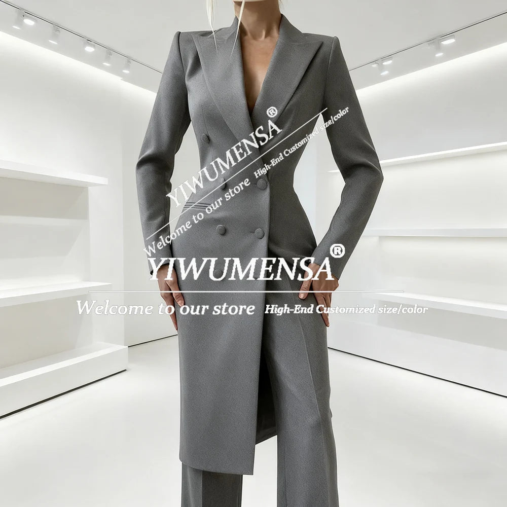 Elegant Solid Women's Suits 2 Piece Double Breasted Peak Lapel Jacket Pants Sets Fashion Prom Blazer Long Customized Lady Attire