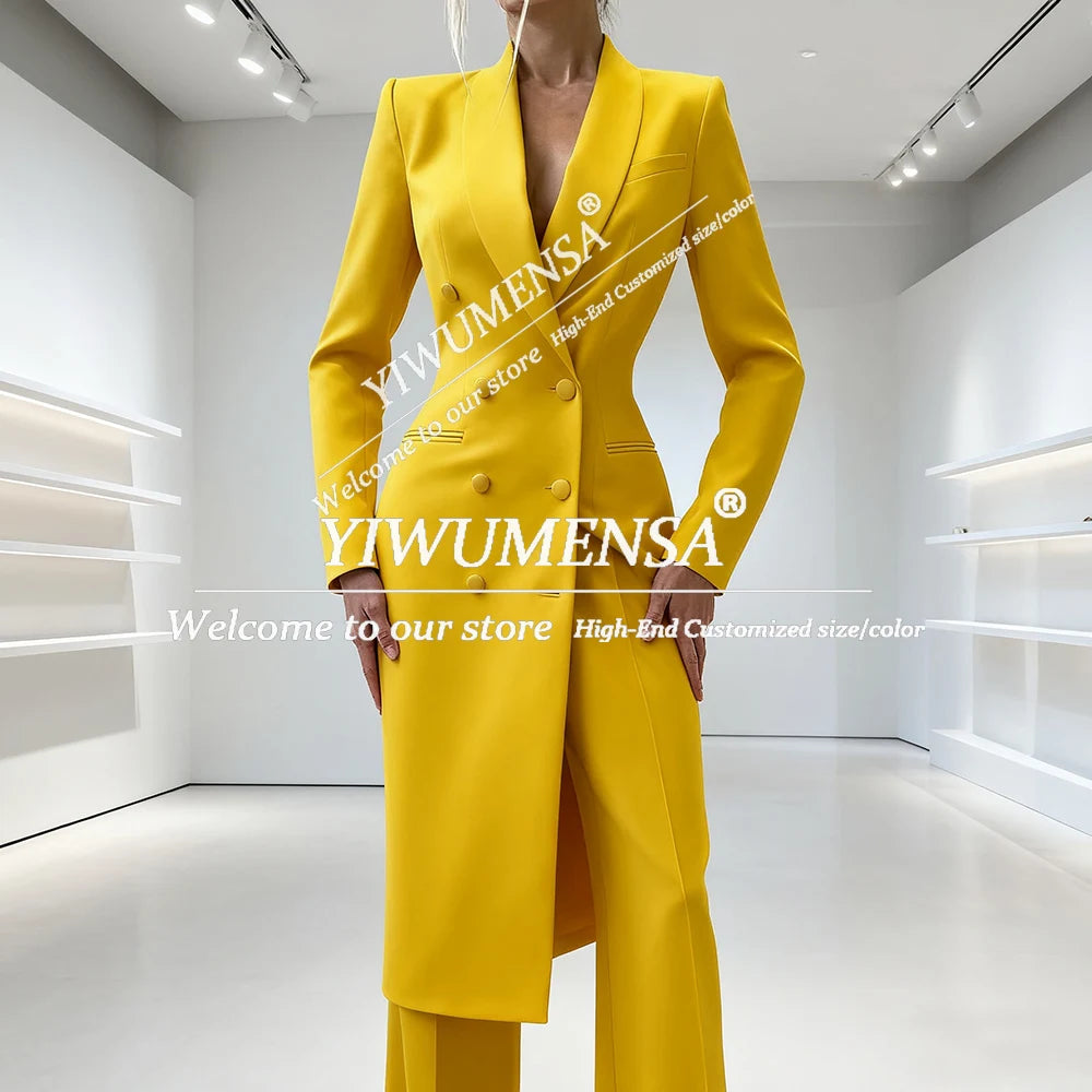 Elegant Solid Women's Suits 2 Piece Double Breasted Peak Lapel Jacket Pants Sets Fashion Prom Blazer Long Customized Lady Attire