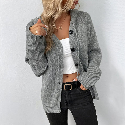 Women New Solid Hooded Sweatshirt Long Sleeve Knitted Cardigan Coat 2025 Autumn Winter Casual V-neck Buttons Loose Hooded Coat