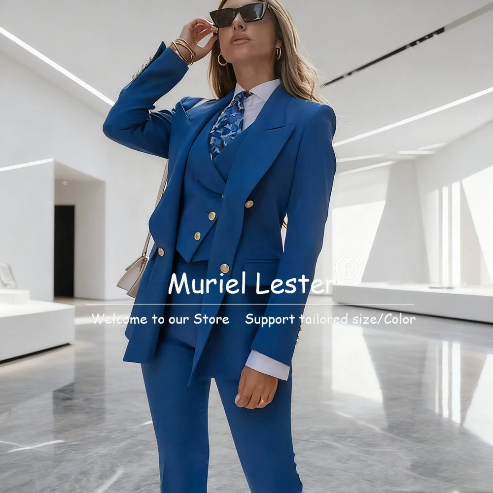 Elegant Blue Women's Suits Double Breasted 3 Piece Sets Jacket Pants Vest Female Clothing Slim Fit Smart Office Lady Blazer