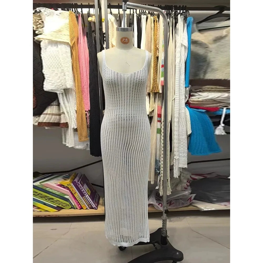 Sexy U Hollow Backless Slim Sleeveless Maxi Dress Hot Woman's See-through Wrap Hip Beach Evening Dress Solid Vacation Robe Dress