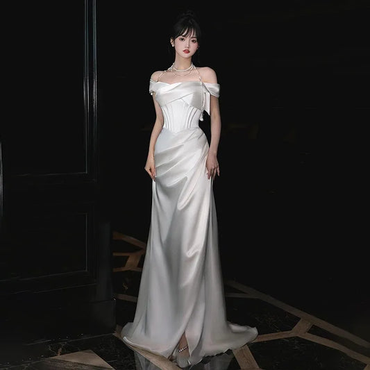 New One Shoulder Toasting Bridal Light Wedding Dress Fashion Engagement White Outward Yarn Luxury Banquet Style Evening Dress