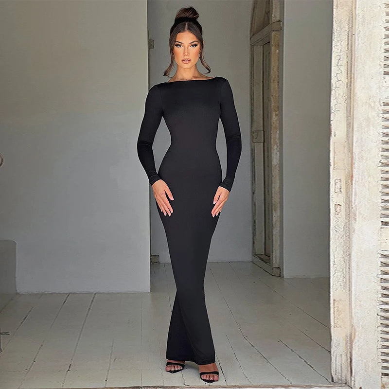Sexy European And American Girl Pure Color Slim Fit Long Sleeve Backless Dress Spring 2025 New Arrival Elegant Evening Gown