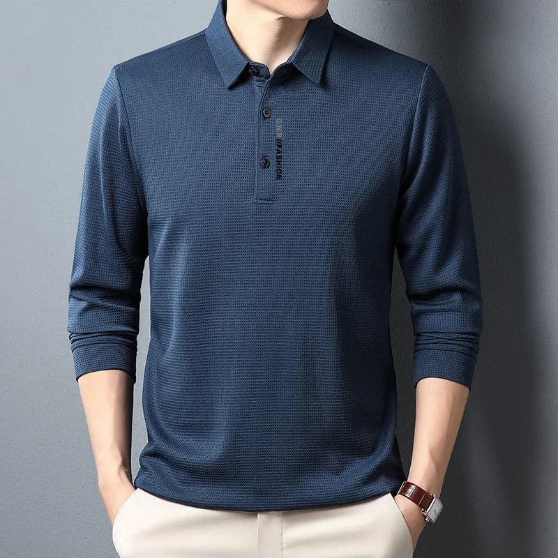 Men's Waffle Long Sleeved POLO Shirt with Letter Printed Lapel Casual Top