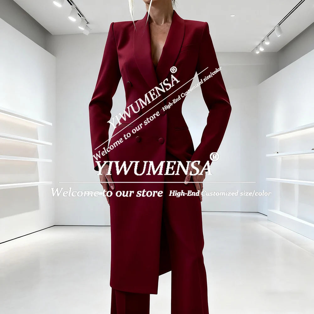 Elegant Solid Women's Suits 2 Piece Double Breasted Peak Lapel Jacket Pants Sets Fashion Prom Blazer Long Customized Lady Attire