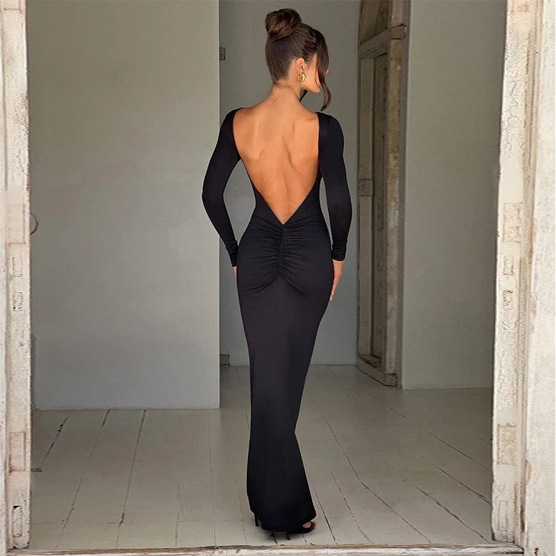 Sexy European And American Girl Pure Color Slim Fit Long Sleeve Backless Dress Spring 2025 New Arrival Elegant Evening Gown