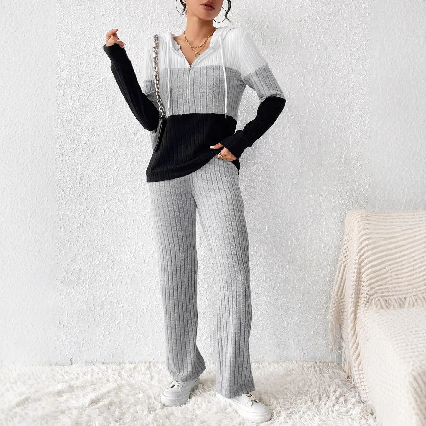 Hooded Top Pants 2-piece Set Fashionable Long-sleeved For Women Autumn Winter Solid Color Loose Knitted Sweatshirt Suit Female