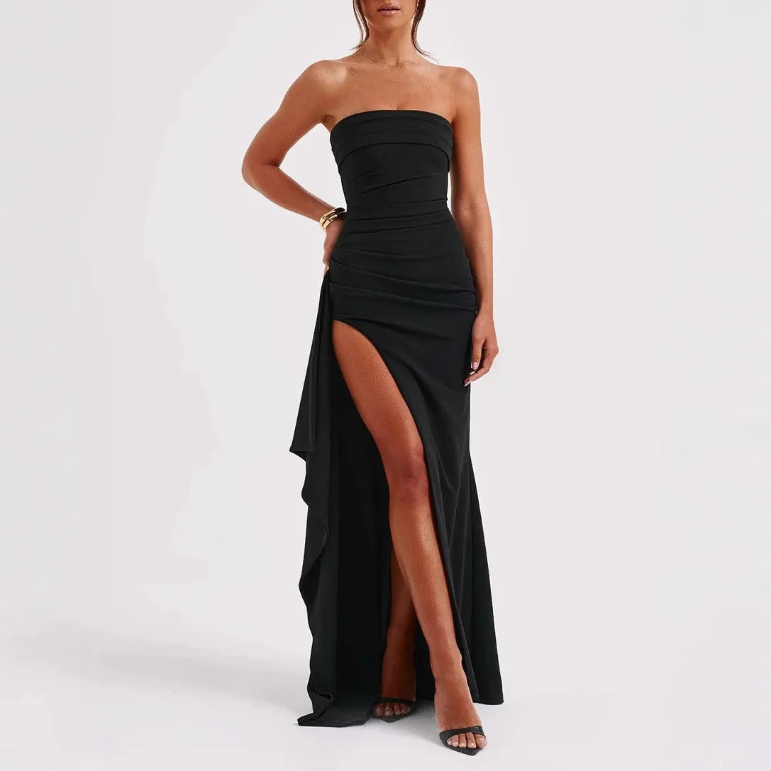 Elegant Long Dress Sexy Vestidos Evening Dresses Temperament Vestido Largos French Slim Wrap Hip Solid Color Irregula Hem Slit