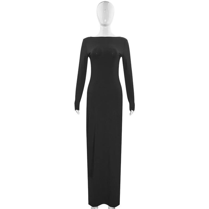 Sexy European And American Girl Pure Color Slim Fit Long Sleeve Backless Dress Spring 2025 New Arrival Elegant Evening Gown