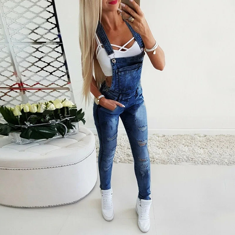 Fashion Womens Denim Overalls Jumpsuits and Rompers Skinny Slim Jeans Long Jumpsuit Ripped Hole Pencil Pants Overalls