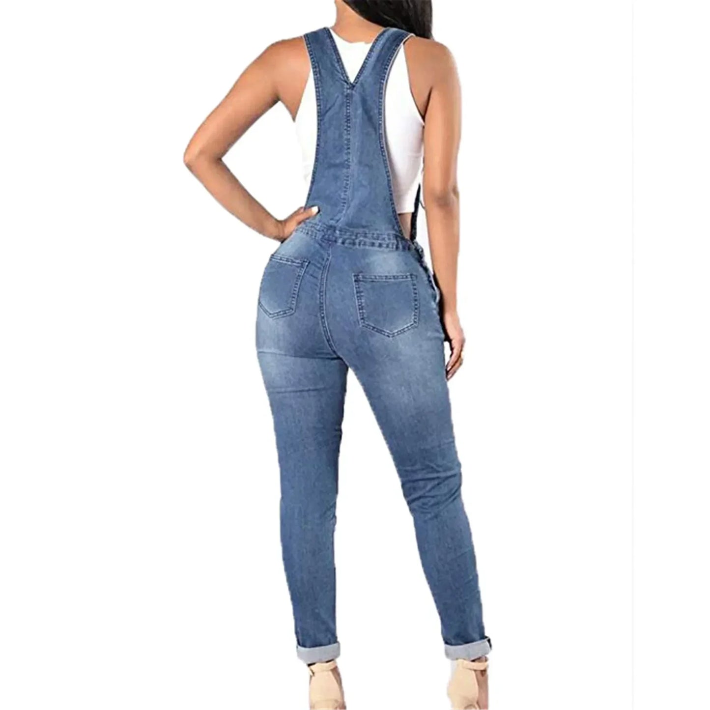 Women Demin Overalls Jumpsuits Jeans Distressed Pencil Pants Denim Holes Pockets Jenas High Street Mid Waist One Piece Slim Fit