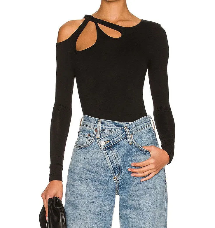 New Fashion Womens Black Bodysuit Stylish Solid Color Slim Fit Cut Out Long Sleeve Romper For Spring Summer S-XL