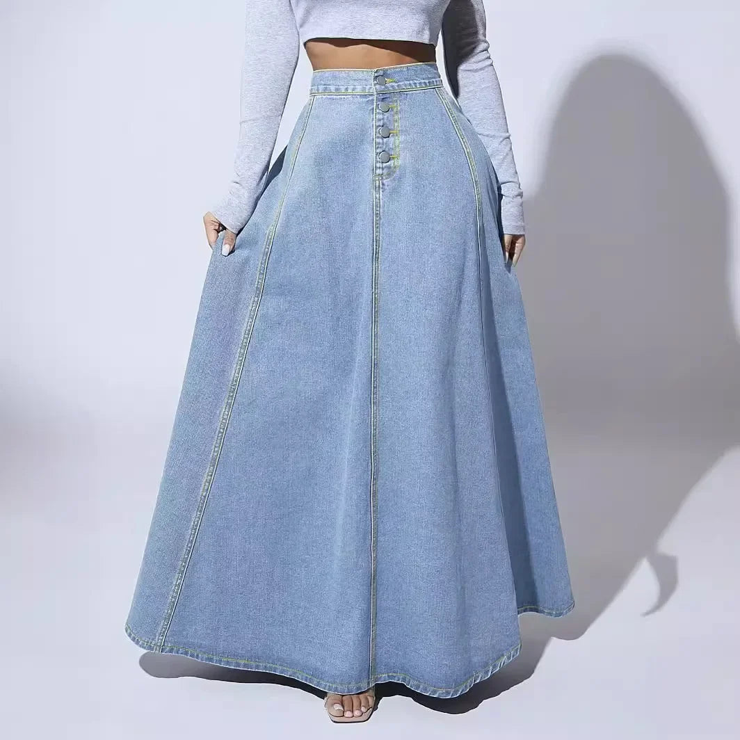 Denim Skirts Women Long Skirt A Line Single Breasted High Waist Jeans Vintage Maxi Simple Casual Elegant Splice Y2k Streetwear