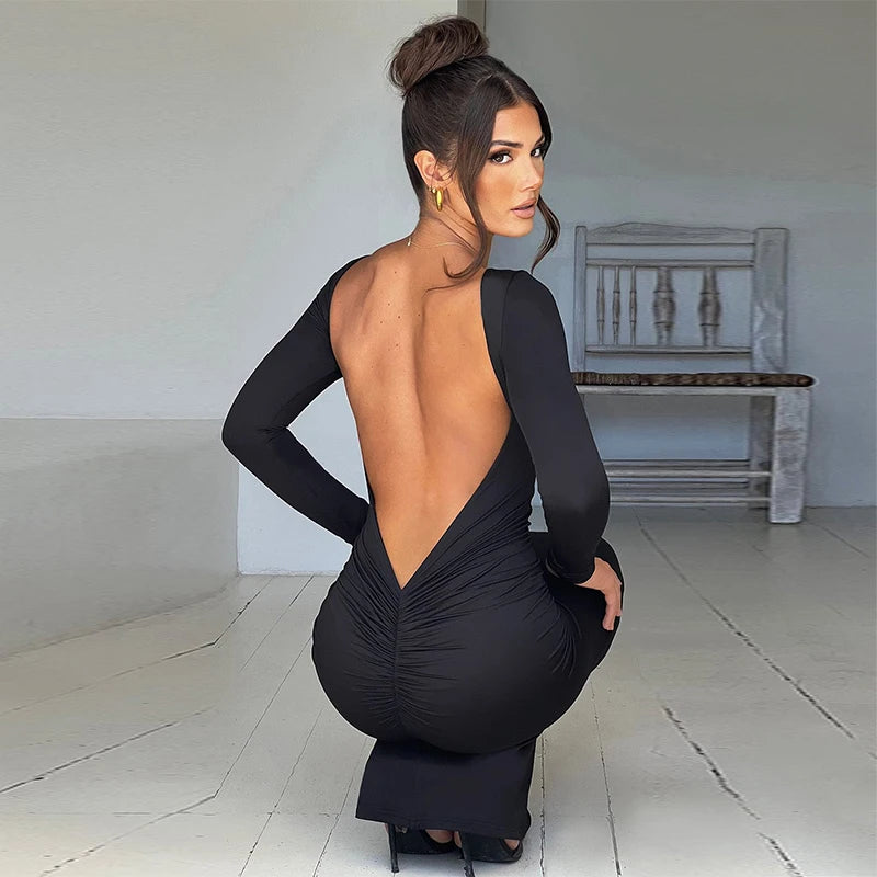 Sexy European And American Girl Pure Color Slim Fit Long Sleeve Backless Dress Spring 2025 New Arrival Elegant Evening Gown
