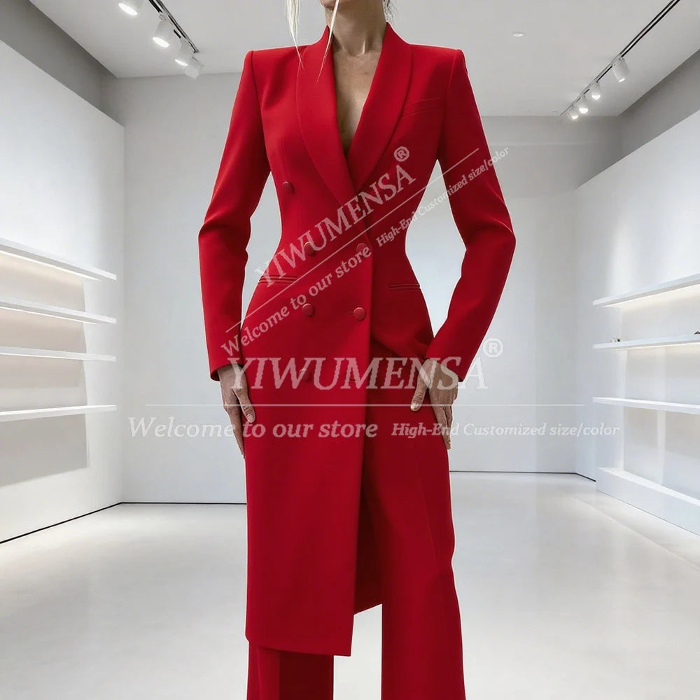 Elegant Solid Women's Suits 2 Piece Double Breasted Peak Lapel Jacket Pants Sets Fashion Prom Blazer Long Customized Lady Attire