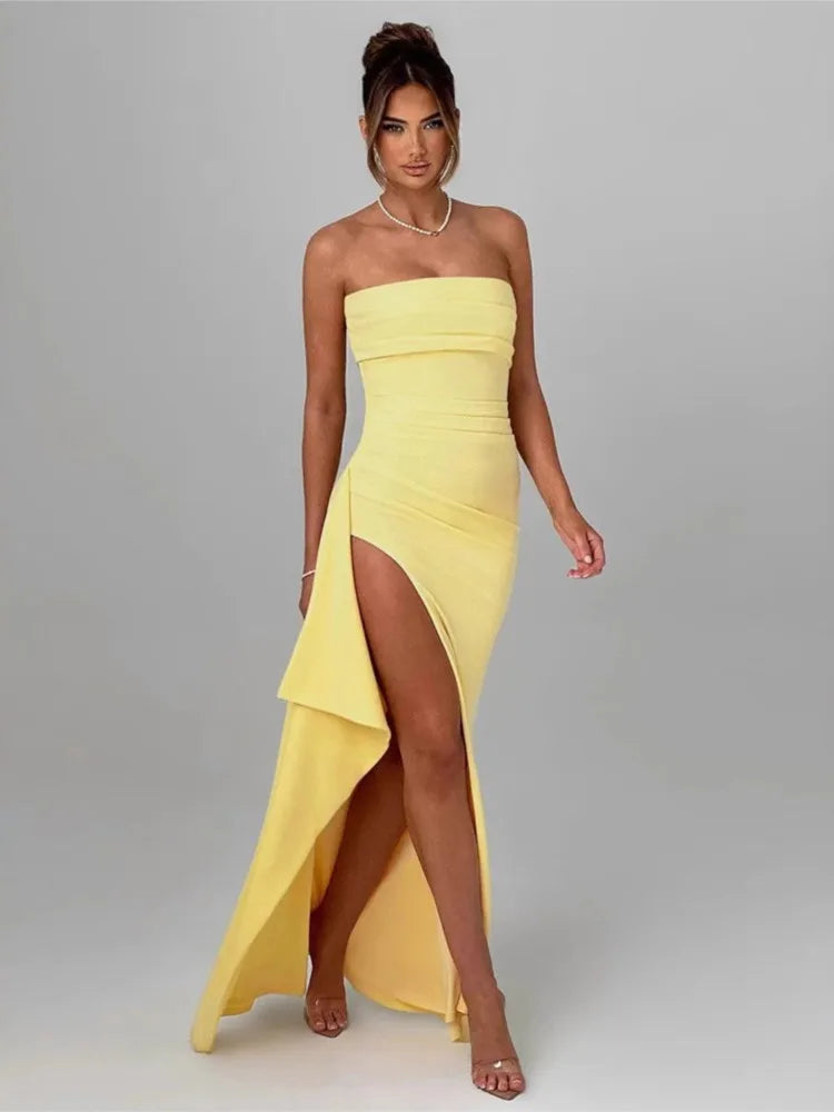 Elegant Long Dress Sexy Vestidos Evening Dresses Temperament Vestido Largos French Slim Wrap Hip Solid Color Irregula Hem Slit